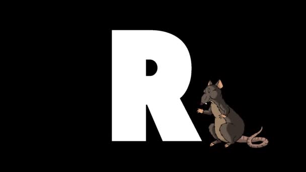 アニメーション動物学英語アルファベット アルファマットモーショングラフィック 文字Rの前景に漫画のラット — ストック動画
