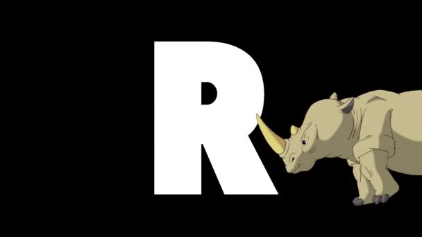 动画动物英语字母表 阿尔法哑光运动图形 前景中的卡通犀牛 — 图库视频影像
