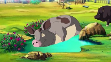 Big Gray Pig Bir Yaz Günü Su Birikintisi'nde Uyuyor. El yapımı animasyon, döngülü hareket grafiği.