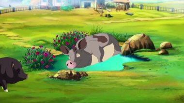 Gri Anne Domuz ve bir yaz günü bir su birikintisi yakınında küçük siyah Piggy. El yapımı animasyon, döngülü hareket grafiği.