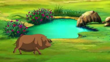 Küçük kahverengi domuzcuk bir yaz günü büyük bir su birikintisinin yanında koşar. El yapımı animasyon, döngülü hareket grafiği.