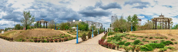 Yuzhne, Ukraine 05.23.2020. Seaside park in the city of Yuzhne, Ukraine. Panoramic view on a sunny spring day