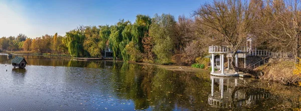 Sunny Autumn Evening Blue Lake Yellow Trees Ivanki Village Cherkasy — Stock Photo, Image