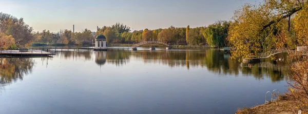 黄色の木々と青い湖の晴れた秋の夜 ウクライナのチェルカシー地方のイヴァンキ村 — ストック写真