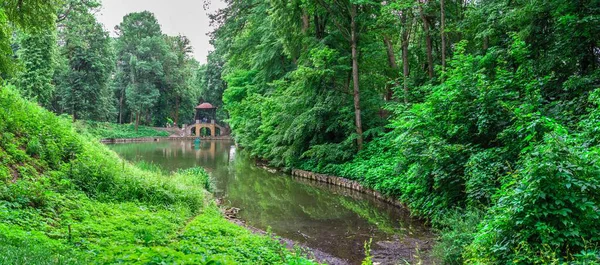 Bila Tserkva, Ukrayna 06.20.2020. Ukrayna 'nın en güzel ve ünlü ağaç kesimlerinden Bila Tserkva' daki İskenderiye parkı, bulutlu bir yaz gününde.