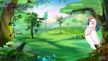 Pembe papağan papağanı güneşli bir günde ormanda yürüyor. El yapımı animasyon, döngülenmiş.