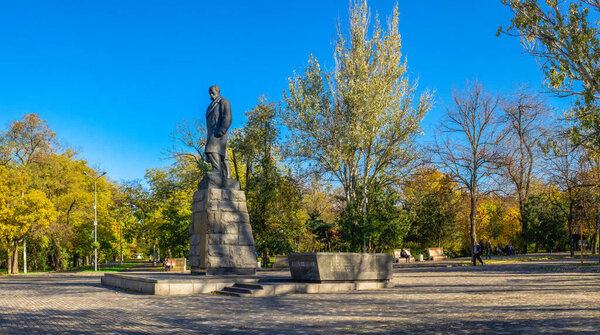 Odessa, Ukraine 11.05.2019.  Monument to Taras Shevchenko in Odessa, Ukraine, on a sunny autumn day