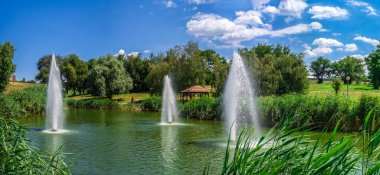Zaporozhye, Ukrayna 07.21.2020. Güneşli bir yaz sabahında Voznesenovsky parkında küçük bir gölet