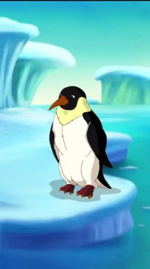 A cute emperor penguin stands on a snowy ice floe amidst a serene blue Antarctic landscape with icebergs. Handmade 2D animated HD vertical looped footage 
