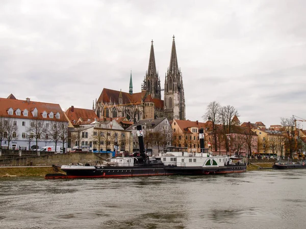 Regensburg Germany March 2017 Historical Boats Moored Danube — Stock Photo, Image