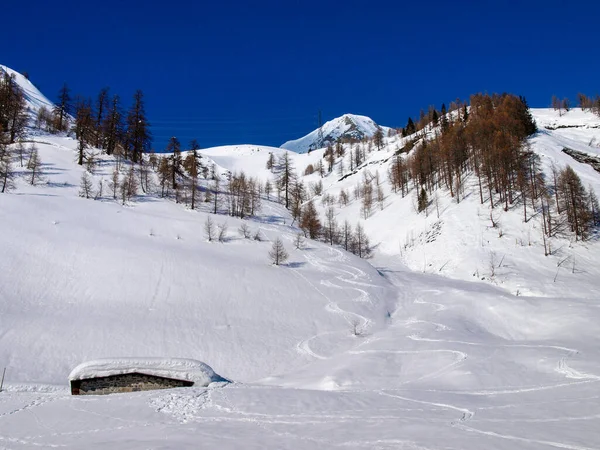 Valle Bedretto Schweiz Snöigt Vinterpanorama Över Dalen — Stockfoto