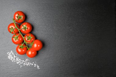 Bir dal kiraz domatesleri ve levhada biraz tuz taneleri.