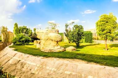 Al Warqa ve Dubai Hayvanat Bahçesi arka planındaki Dubai Safari Park zoolojik bahçesinin yemyeşil güzel manzarası, Dubai, BAE 'deki en çeşitli hayvan çeşitliliğine ev sahipliği yapıyor.