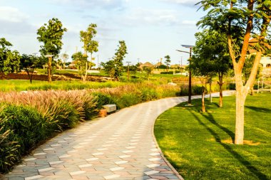 Al Warqa ve Dubai Hayvanat Bahçesi arka planındaki Dubai Safari Park zoolojik bahçesinin yemyeşil güzel manzarası, Dubai, BAE 'deki en çeşitli hayvan çeşitliliğine ev sahipliği yapıyor.