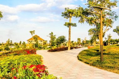 Al Warqa ve Dubai Hayvanat Bahçesi arka planındaki Dubai Safari Park zoolojik bahçesinin yemyeşil güzel manzarası, Dubai, BAE 'deki en çeşitli hayvan çeşitliliğine ev sahipliği yapıyor.