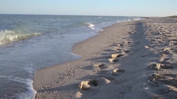 海の波と湿った砂の深い人間の足跡 風の強い海の日 — ストック動画