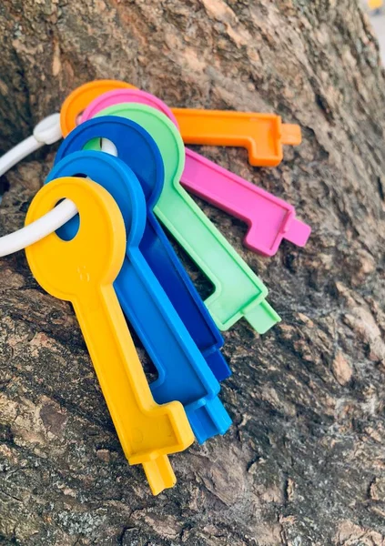 Plastic Colorful Toys Bunch Keys Find Right Key Door — Stock Photo, Image