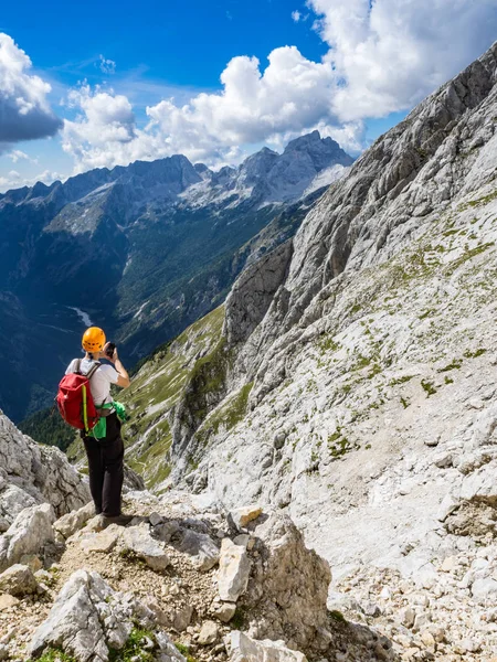 Mountaineer Photographing His Phone Slope Prisank Mountain Julian Alps Slovenia — Stock Photo, Image