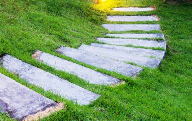 Gece ışık Açık Bahçe ışıktan parlayan ile Bahçe taş yolu bükme