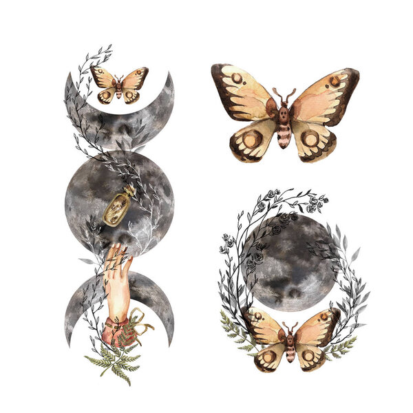 Alchemical elements, watercolor clipart, magical elements on a white background