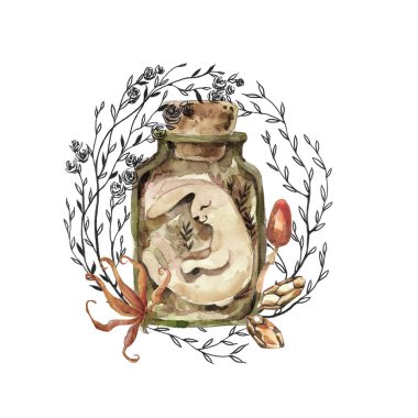 Simya elementleri, suluboya clipart, beyaz arka plan üzerinde büyülü unsurlar. güzel sihirli çelenk