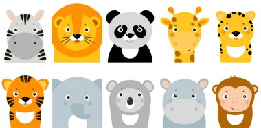 jungle animals icons, vector animals, safari animals, animal faces clipart