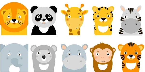 Иконы животных джунглей, векторные животные, животные сафари, лица животных — стоковый вектор