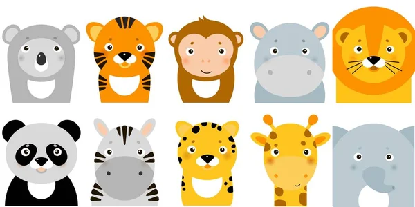 Jungle animals icons, vector animals, safari animals, animal faces — Stock Vector