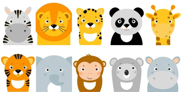 Džungle, ikony, vektorová zvířata, Safari zvířata, zvířecí obličeje — Stockový vektor