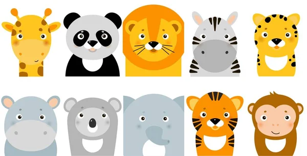 Ikonen der Dschungeltiere, Vektortiere, Safaritiere, Tiergesichter — Stockvektor