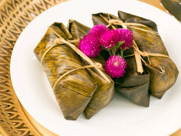 Dessert Tradizionale Tailandese Con Ingredienti Banana Riso Appiccicoso Fagiolo Nero — Foto Stock