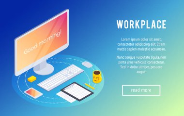 Çalışma alanı. Çalışma alanı tablet bilgisayar, akıllı telefon, kahve ve talep formu ile izometrik kavramı. 3D Ofis İşyeri. Trendy izometrik arka plan. Vektör çizim.