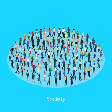 Toplum izometrik kavramı. Farklı ten rengi ile izometrik insanlar kümesi. İnsan kalabalığı. 3D erkekler ve kadınlar ön ve arka görüntüleyin. Modern genç insanlar. Vektör çizim.