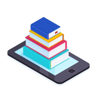 Elektronik Kitaplar izometrik kavramı. 3B yığın kitap üstünde belgili tanımlık smartphone perde. Satın alma ve çevrimiçi kitaplar okuma. Vektör çizim.