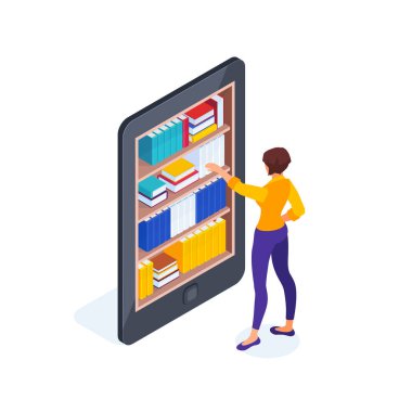 Elektronik kitaplar izometrik kavramı. Genç bir kadın smartphone içinde raflardan bir kitaptan dışarı alır. online kitap 3D kavramı. Vektör çizim.