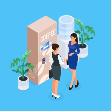 Kahve molası. İki ofis çalışanları kahve makinesi kahve içmek ve konuş. Office hayatı izometrik kavramı. Vektör çizim.