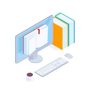 Online kitap izometrik kavramı. 3D kitap bilgisayar ekranında. Bilgisayarda çevrimiçi elektronik kitaplar okuma. Eğitim kavramı. Vektör çizim.