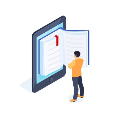 Beyaz arka plan üzerinde izole elektronik kitap. 3d adam okuma kavramı e-kitap. Taşınabilir aygıttan kitap okumak. Vektör çizim.