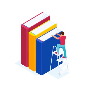 İzometrik yığın beyaz arka plan üzerinde izole kitap. Genç adam bilgi adım adım eğitim aşamalarını metaforu öğrenir. Eğitim kavramı. Vektör çizim.