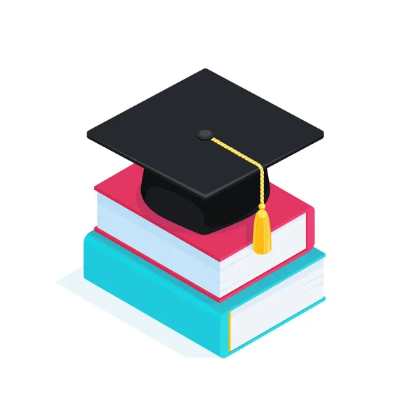 Isometric Stack Books Graduate Cap Concept Higher Education Vector Illustration — Stock Vector