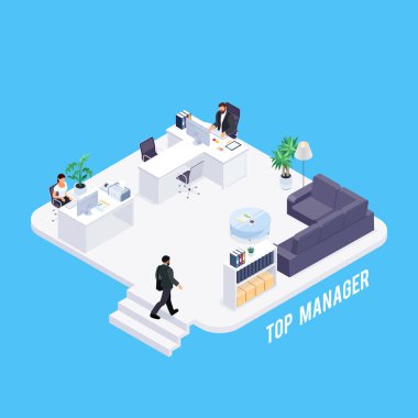Office hayatı izometrik kavramı. 3D ofisi yöneticisi. Bilgisayarda çalışan bir iş adamı. Sekreter kabul eder ziyaretçi. Vektör çizim.
