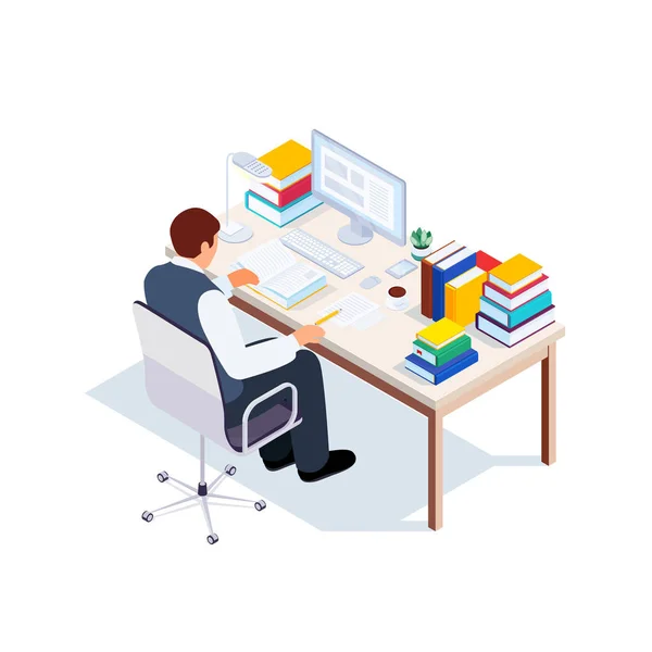Isométrique Étudiant Lieu Travail Homme Assis Une Table Lisant Livre — Image vectorielle