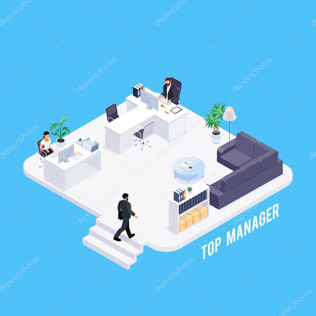 Isometric concept of office life. 3d office of the manager. Businessman working at the computer. The secretary accepts the visitor. Vector illustration.