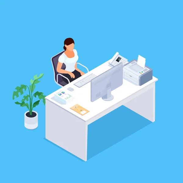 Secretary Isometric Concept Office Life Office Workplace Vector Illustration — Stock Vector