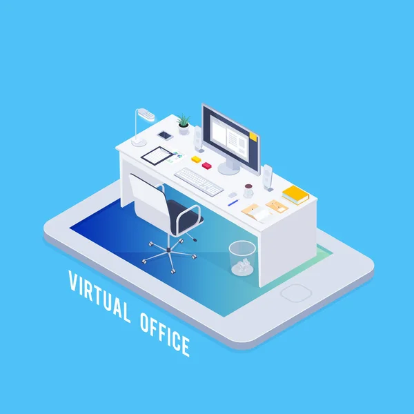 Concepto Isométrico Oficina Virtual Lugar Trabajo Teléfono Inteligente Con Mesa — Vector de stock