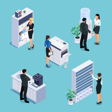 İzometrik office hayat kavramı. işçiler, mobilya ve ekipmanları ile 3D ofisi. Kabine, fotokopi makinesi, kabin klasörler, su soğutucu, office mutfak ve kahve makinesi ile dosya. Vektör çizim.