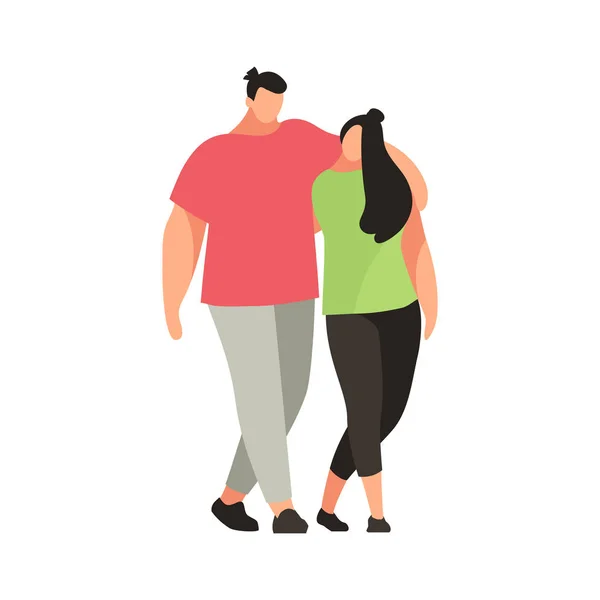 一对年轻的年轻人在一个扁平的风格 男人和女人拥抱 现代青年穿着便装 矢量插图 — 图库矢量图片