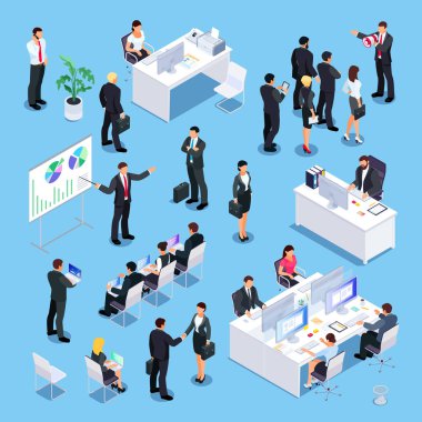 İzometrik işadamları kümesi. Tablolar, insanlar eğitim, öğretim görevlisi, Sekreter ofis çalışanları, iş adamları el sıkışın. 3D iş kavramı istihdam. Vektör çizim.