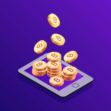 İzometrik kavramı bitcoin incelemesi. 3D smartphone ile bitcoins. Cryptocurrency. Vektör çizim.