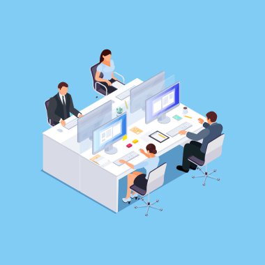 İzometrik ofisi. İş yerinde çalışan bilgisayarlar için çalışıyorum. 3D iş kavramı ofis yaşam. Vektör çizim.